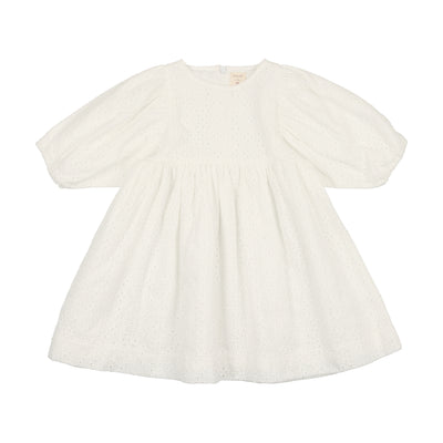 Analogie Gathered Dress Three Quarter Sleeve - White Eyelet