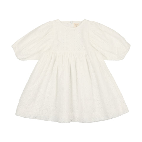 Analogie Gathered Dress Three Quarter Sleeve - White Eyelet