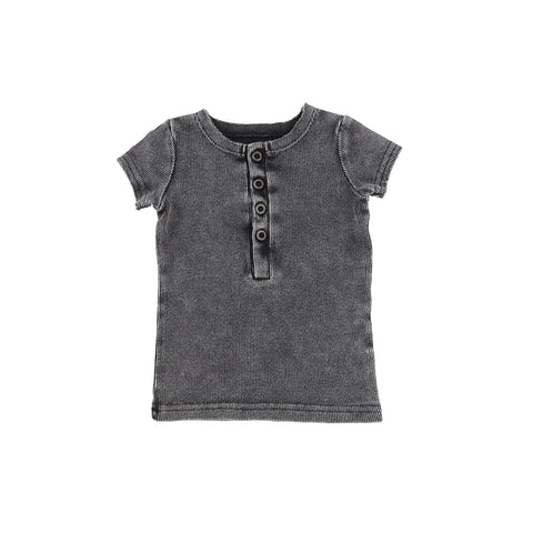 Lil Legs Short Sleeve Ribbed Center Button T-Shirt - Grey Wash