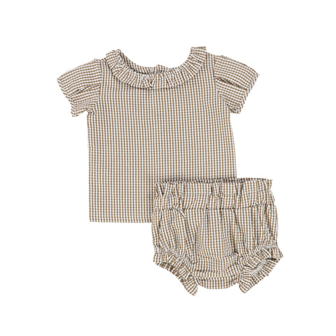 Analogie Gingham Ruffle Blouse Set - Caramel