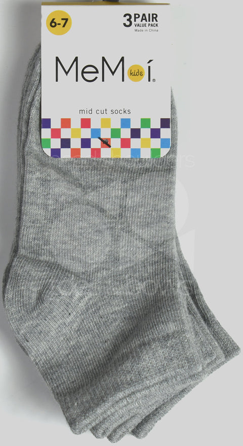 Memoi Kid's Mid Cut Socks 3-Pack - Light Gray MK-556