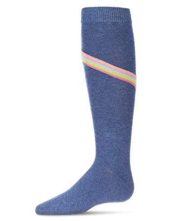 Memoi V Stripe Lurex Knee Socks - Light Denim