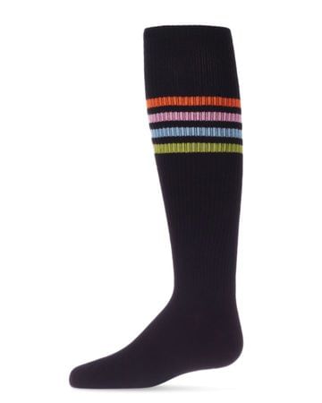 Memoi Thin Ribbed Athletic Striped Knee Socks - Black