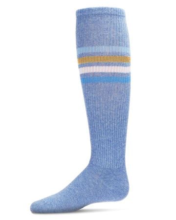 Memoi Thin Ribbed Athletic Striped Knee Socks - Light Denim
