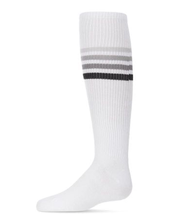 Memoi Thin Ribbed Athletic Striped Knee Socks - White-Gray-Black