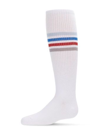 Memoi Thin Ribbed Athletic Striped Knee Socks - White Multi