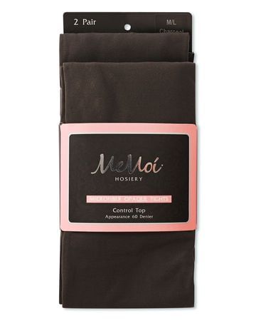 Memoi Ladies Microfiber Opaque 60 Denier Control Top Tights 2-Pack - Charcoal MO-646