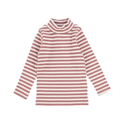 Lil Legs Striped Ribbed Mock Neck - Rosewood/Stone