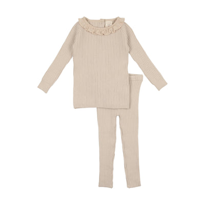 Analogie Ribbed Knit Ruffle Set - Oat