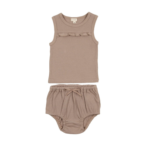 Lil Legs Ribbed Girls Tank Set - Tan Ruffle