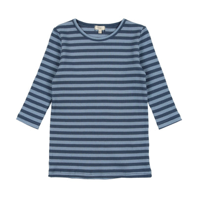 Lil Legs Big Girls T-Shirt Three Quarter Sleeve - Dark Blue/Light Blue Stripe