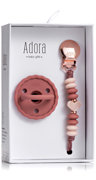 Adora Pacifier and Pacifier Clip Baby Gift Set - Rosewood Heart