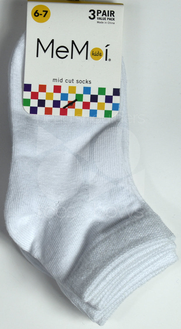 Memoi Kid's Mid Cut Socks 3-Pack - White MK-556
