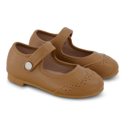 Zeebra Kids Hard Sole Wingtip Leather Mary Janes - Nutmeg Brown