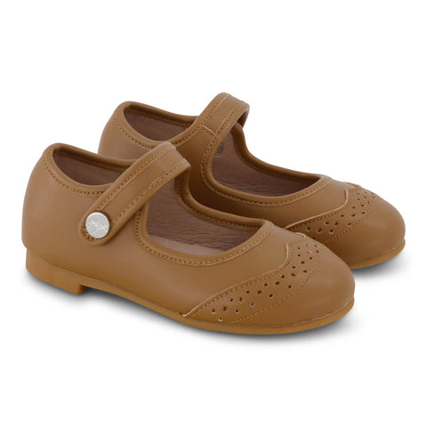 Zeebra Kids Hard Sole Wingtip Leather Mary Janes - Nutmeg Brown