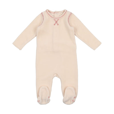 Lil Legs Classic Velour Footie - Cream with Winter Pink Stitch